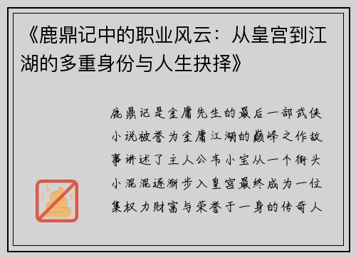 《鹿鼎记中的职业风云：从皇宫到江湖的多重身份与人生抉择》